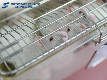 Safe and Reliable Transport of Live Animals for Medical Research: Why Does Specialized Courier Service Matter? Several white mice inside a metal cage for transport in a laboratory setting
