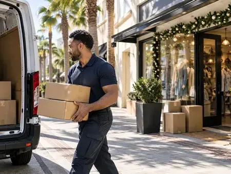 Courier carries packages to a delivery van outside a holiday-decorated retail store
